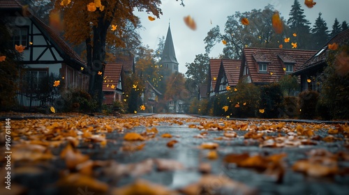 Fototapeta Naklejka Na Ścianę i Meble -  storm in autumn in a small german city, leaves all over the street, wind in the trees, rain