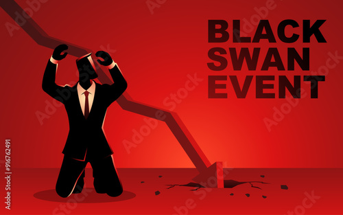 Businessman kneeling with both hands raised, conveying panic and emotional stress with a crashed arrow chart and the text Black Swan Event, unforeseen and catastrophic events in the financial world