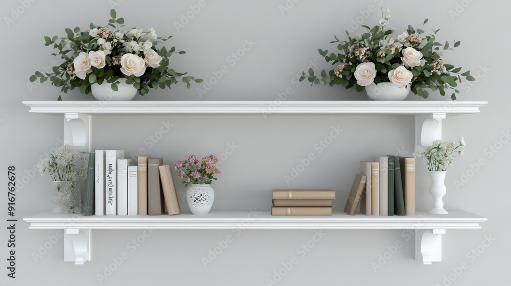 White wooden shelves display books alongside flower arrangements and greenery, creating a serene and inviting atmosphere in a neutral-toned space White wooden shelves display books alongside flower arrangements and greenery, creating a serene and inviting atmosphere in a neutral-toned space