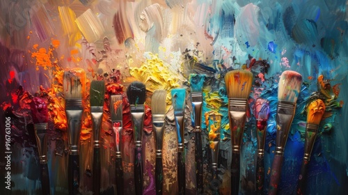 Colorful paint brush splashes on canvas. Row of artist paintbrushes closeup on artistic canvas
