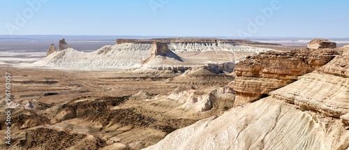 (Super Wide View) A spectacular chalk-white view of Bozzhira Tract, an unexplored region in Kazakhstan photo