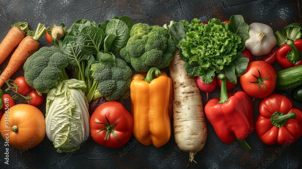 A vibrant assortment of fresh vegetables arranged neatly on a textured surface in bright natural light A vibrant assortment of fresh vegetables arranged neatly on a textured surface in bright natural light