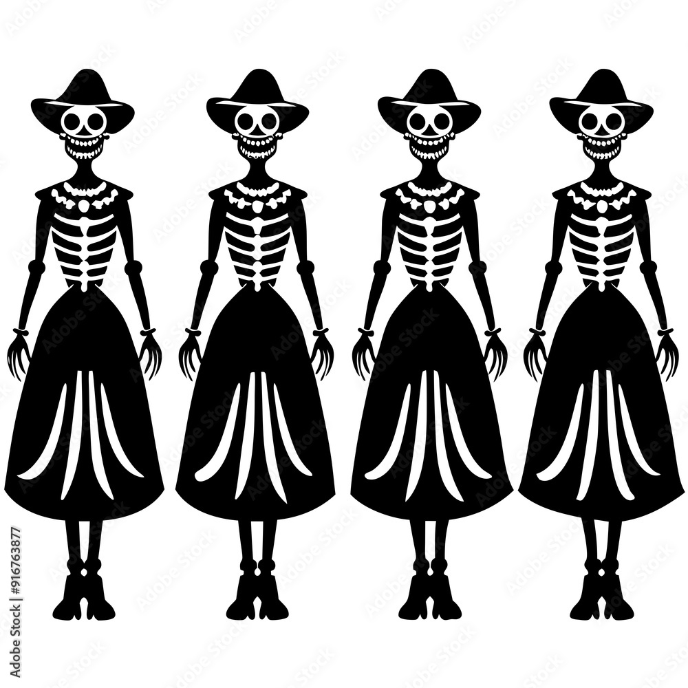 4 set Catrina Skeletons art vector illustration 4 set Catrina Skeletons art vector illustration