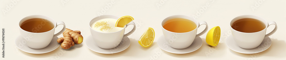 Four designs of ginger tea with lemon and milk, white background Four designs of ginger tea with lemon and milk, white background