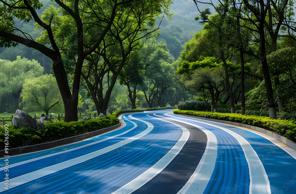 Fototapeta premium The blue rubber track in the park