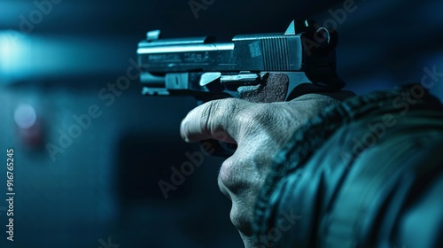 Male hand holding gun over dark background