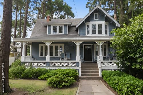Serene Craftsman-style home featuring a blue-gray exterior, white-trimmed porch, black front door, and lush greenery surrounding it