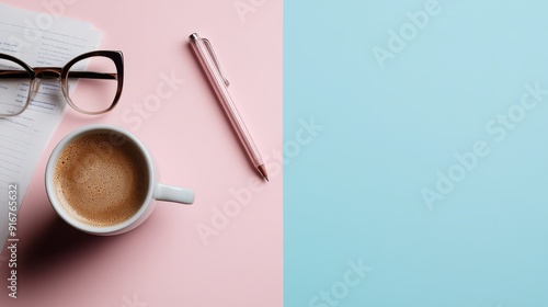 An overhead shot showing a cup of coffee, a pair of eyeglasses, a pen, and paperwork on a split pastel pink and blue desk, capturing a stylish minimal office setup. photo