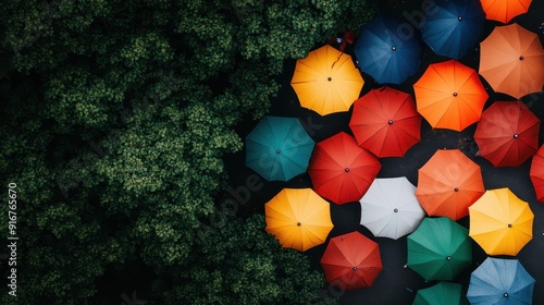 A top-down view of brightly colored umbrellas covering part of a lush green forest, merging urban human activity with serene natural surroundings in a vibrant composition. photo