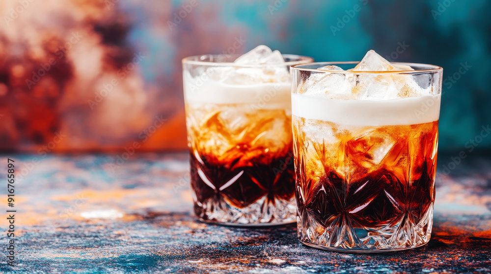 Two glasses of cold white Russian cocktail with ice cubes and cream on top, standing side by side against an abstract background Two glasses of cold white Russian cocktail with ice cubes and cream on top, standing side by side against an abstract background