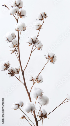 Aesthetic cotton balls on a branch, copy space, white background, plant template. Generative AI