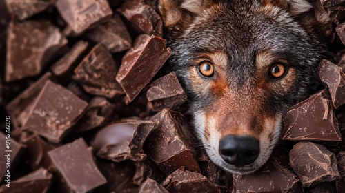 A close-up image of a wolf's head poking through scattered chocolate pieces, blending the natural wildness of the wolf with the sweetness of chocolate. photo