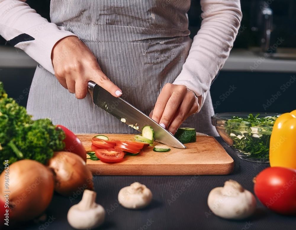 close up of The cook is chopping vegetables 