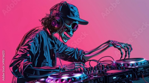 Digital illustration of a skeleton DJ mixing music on turntables with vibrant neon lights background, blending art and music.