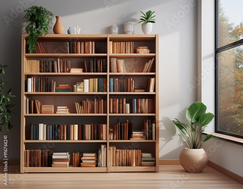 Bookshelf with many books at home 