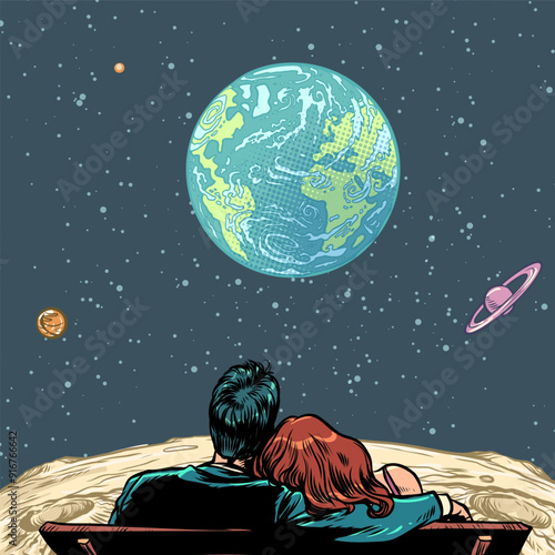 A couple of a man and a woman are sitting on a bench and looking at the planet. Lovers are always together. Universal love erases boundaries.