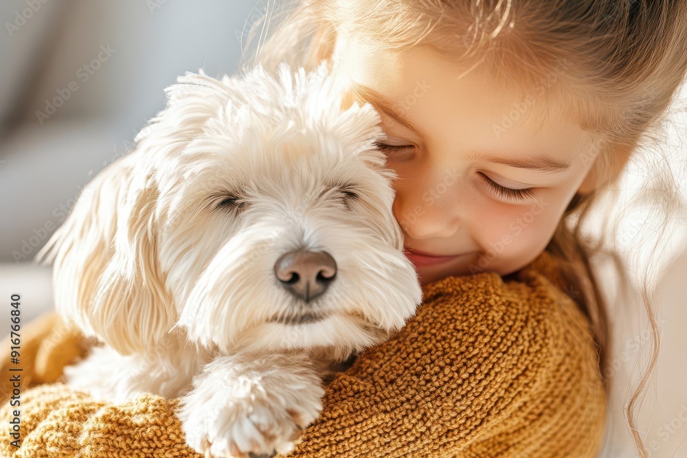 Little girl hugging her white fluffy dog, showing love and affection. Little girl hugging her white fluffy dog, showing love and affection.