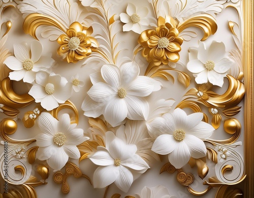 gold and white stucco wallpaper with white flowers and decorative elements