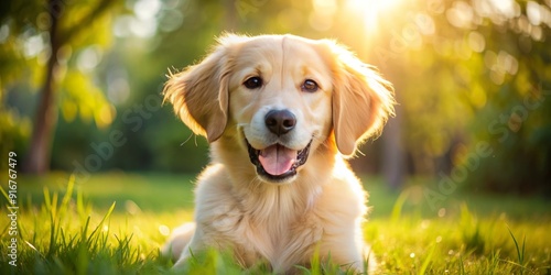 Adorable nine-month-old golden puppy with fluffy fur and bright curious eyes plays enthusiastically in a sunny outdoor setting.