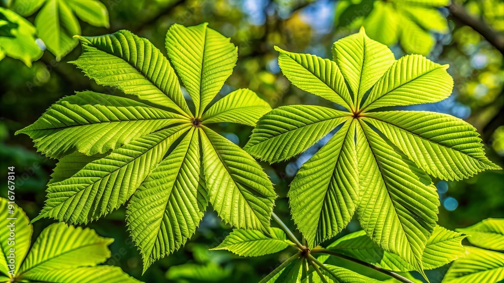 Vibrant green leaves of horse chestnut tree in springtime, with intricate veins and serrated edges, against a natural outdoor backdrop. Vibrant green leaves of horse chestnut tree in springtime, with intricate veins and serrated edges, against a natural outdoor backdrop.