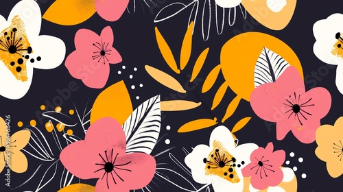 Seamless pattern featuring bold 80s-style floral designs