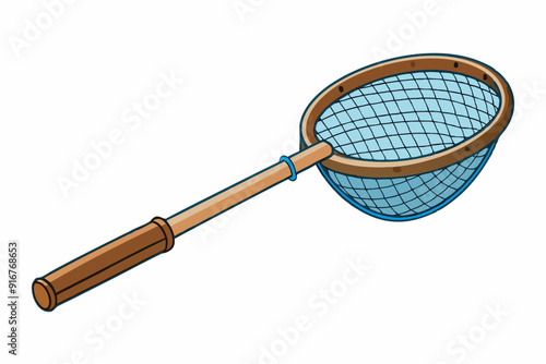 Fishing net with wooden handle for catching fish art vector illustration