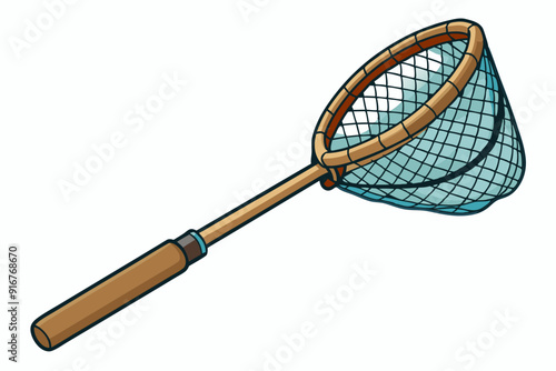 Fishing net with wooden handle for catching fish art vector illustration