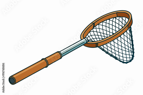 Fishing net with wooden handle for catching fish art vector illustration