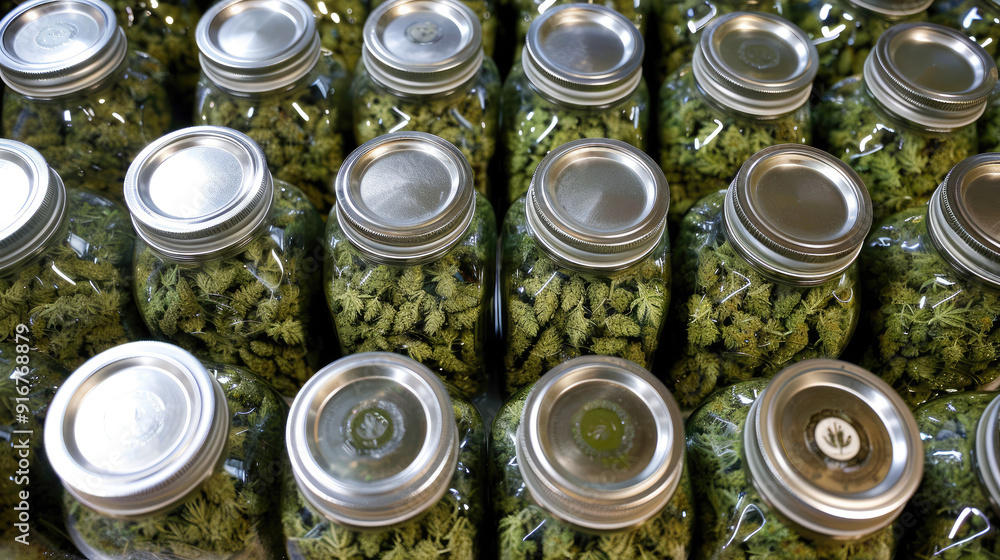 Dry cannabis in jars, sale of marijuana in a country with legalization Dry cannabis in jars, sale of marijuana in a country with legalization