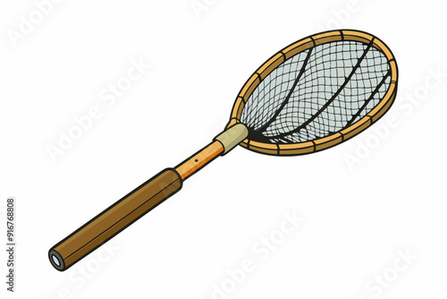 Fishing net with wooden handle for catching fish art vector illustration