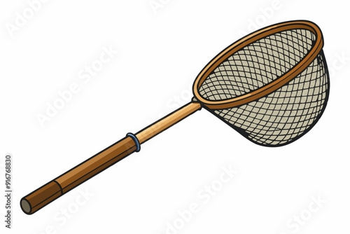 Fishing net with wooden handle for catching fish art vector illustration