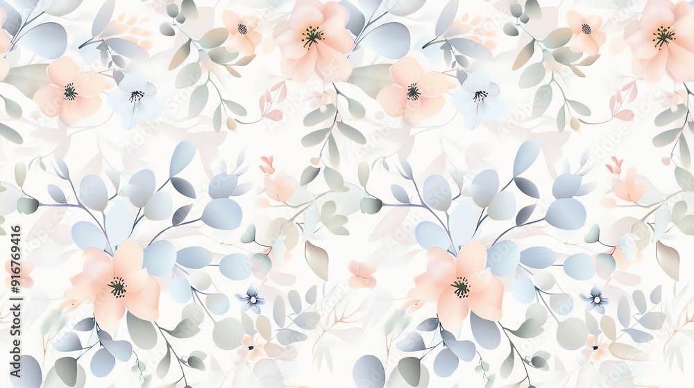 Soft and delicate hand-drawn floral and leaf pattern, pastel colors, seamless Soft and delicate hand-drawn floral and leaf pattern, pastel colors, seamless