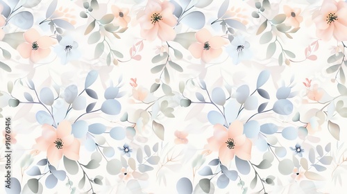 Soft and delicate hand-drawn floral and leaf pattern, pastel colors, seamless