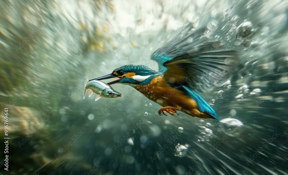 Obraz premium Kingfisher Catching Fish Underwater