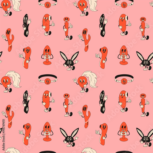 Seamless pattern Retro sex toys mascot character. 40s, 50s, 60s old animation style.
