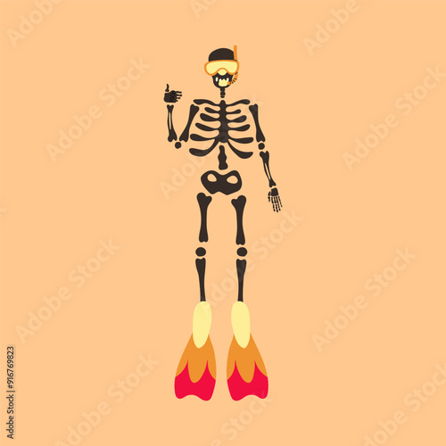 Funny Skeleton in flippers in a diving mask. Cute character Skeleton Bones