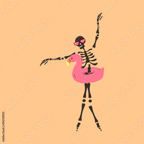 Funny Skeleton with an inflatable circle. Cute character Skeleton Bones