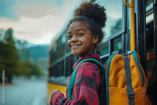 Smiling black student kid Boarding School Bus On A Sunny Day