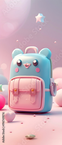 Vertical Adorable clay, back to school ,a child Kindergarten and early childhood classes, muted pastels, 3D clay icon, kawaii bag, cute tiny model	 photo