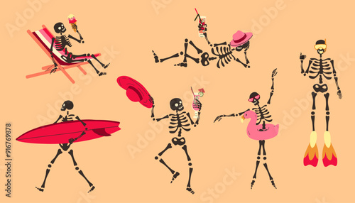 Set of Funny Skeletons on vacation on the beach. Cute character Skeleton Bones
