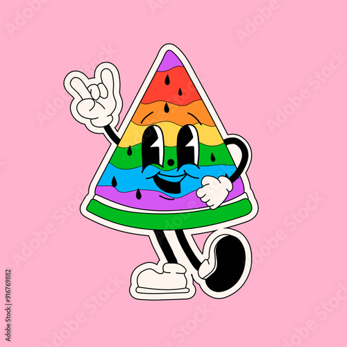 Cartoon rainbow abstract character. Retro trendy watermelon sticker with funny comic characters and gloved hands. Pride Month