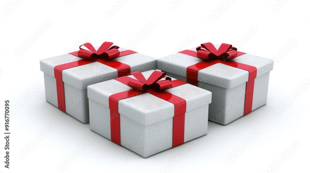 Obraz premium Three elegantly wrapped silver gift boxes with red ribbons on a bright background