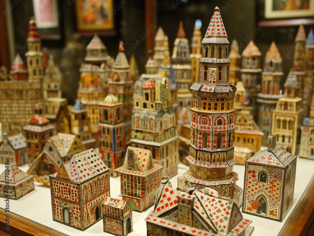 A display of small buildings with a variety of colors and designs. The buildings are arranged in a way that creates a sense of a city or town. The display is likely meant to showcase the creativity A display of small buildings with a variety of colors and designs. The buildings are arranged in a way that creates a sense of a city or town. The display is likely meant to showcase the creativity