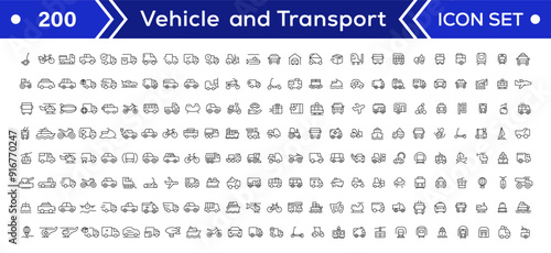Vehicle and Transport line icon set. Containing car, bike, plane, train, bicycle, motorbike, bus and scooter icons. Transportation Simple line icon collections