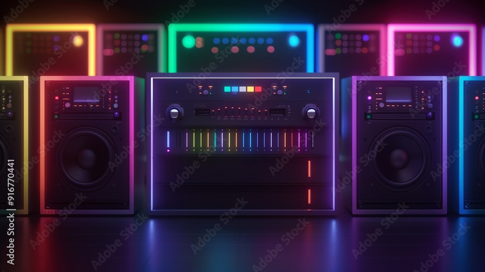 Fototapeta premium A multicolored display of modern sound devices, showcasing vibrant hues and sleek designs in a contemporary presentation 8K , high-resolution, ultra HD,up32K HD