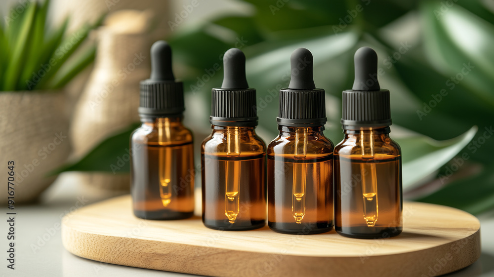 Essential Oil Bottles with Droppers on Wooden Board Essential Oil Bottles with Droppers on Wooden Board