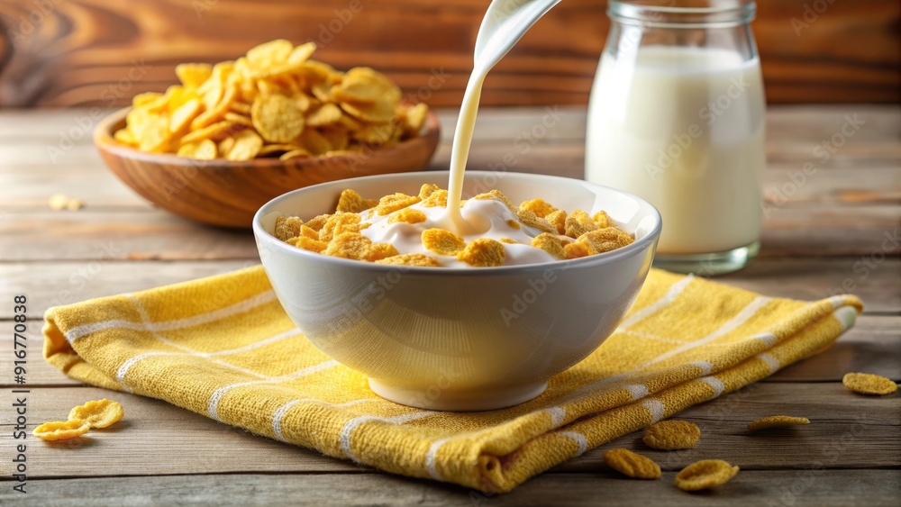 Fresh pour of milk over bowl of crunchy oatflakes and cornflakes on sunny yellow table background with clean towel. Fresh pour of milk over bowl of crunchy oatflakes and cornflakes on sunny yellow table background with clean towel.