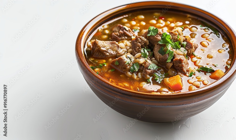 A bowl of flavorful chicken and barley soup on a white copy space, Generative AI. A bowl of flavorful chicken and barley soup on a white copy space, Generative AI.