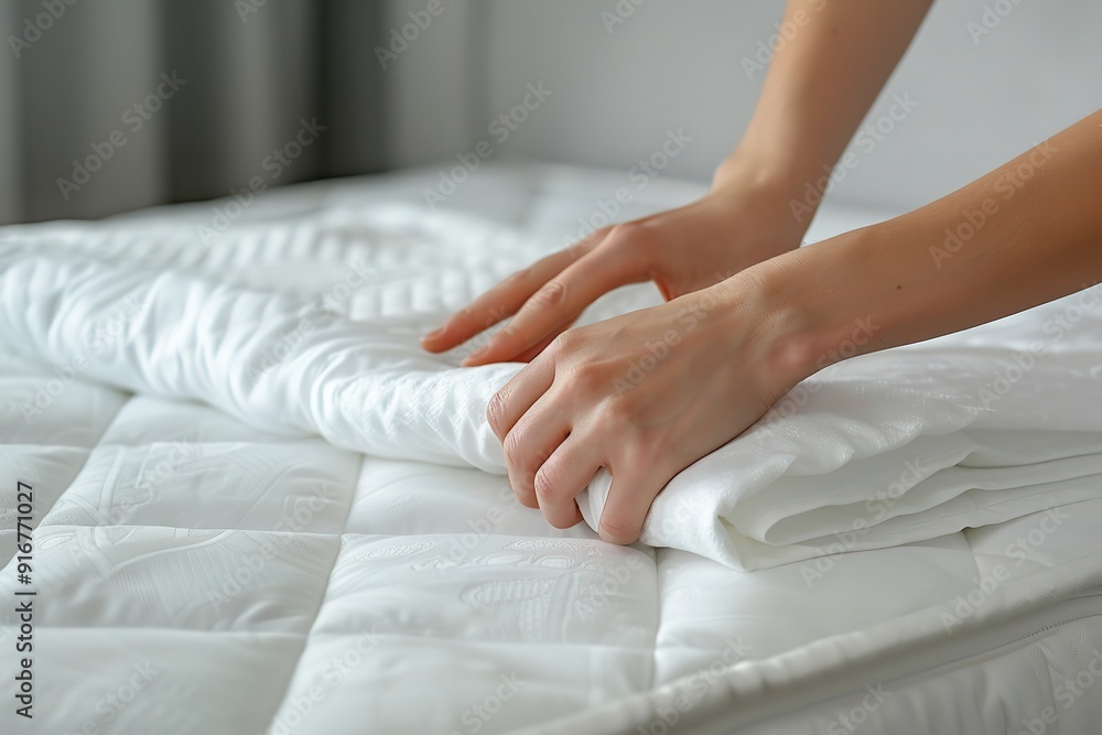 a close-up of the hands woman covering the mattress of her bed with a white fitted sheet, Generative AI. a close-up of the hands woman covering the mattress of her bed with a white fitted sheet, Generative AI.