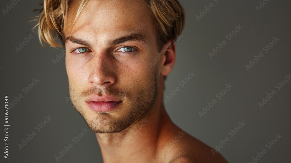 Naklejka premium A man with a beard and blue eyes is standing in front of a gray wall